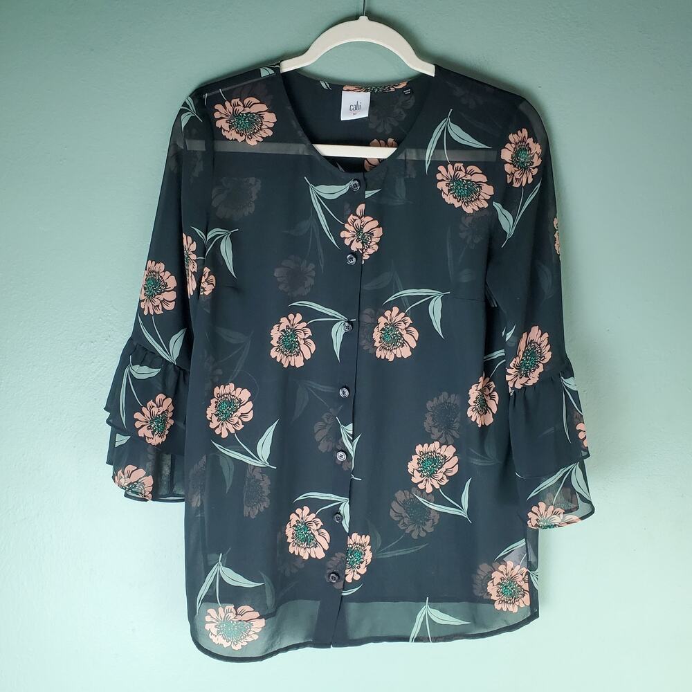 Cabi Womens La Di Da Sheer Black Floral Blouse Top Size XS